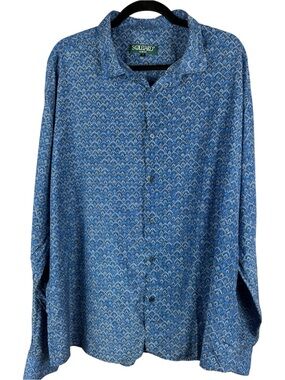 SOULEIADO Men’s Blue Geometric Fan Print Silk Cotton Long Sleeve Shirt Tag 7